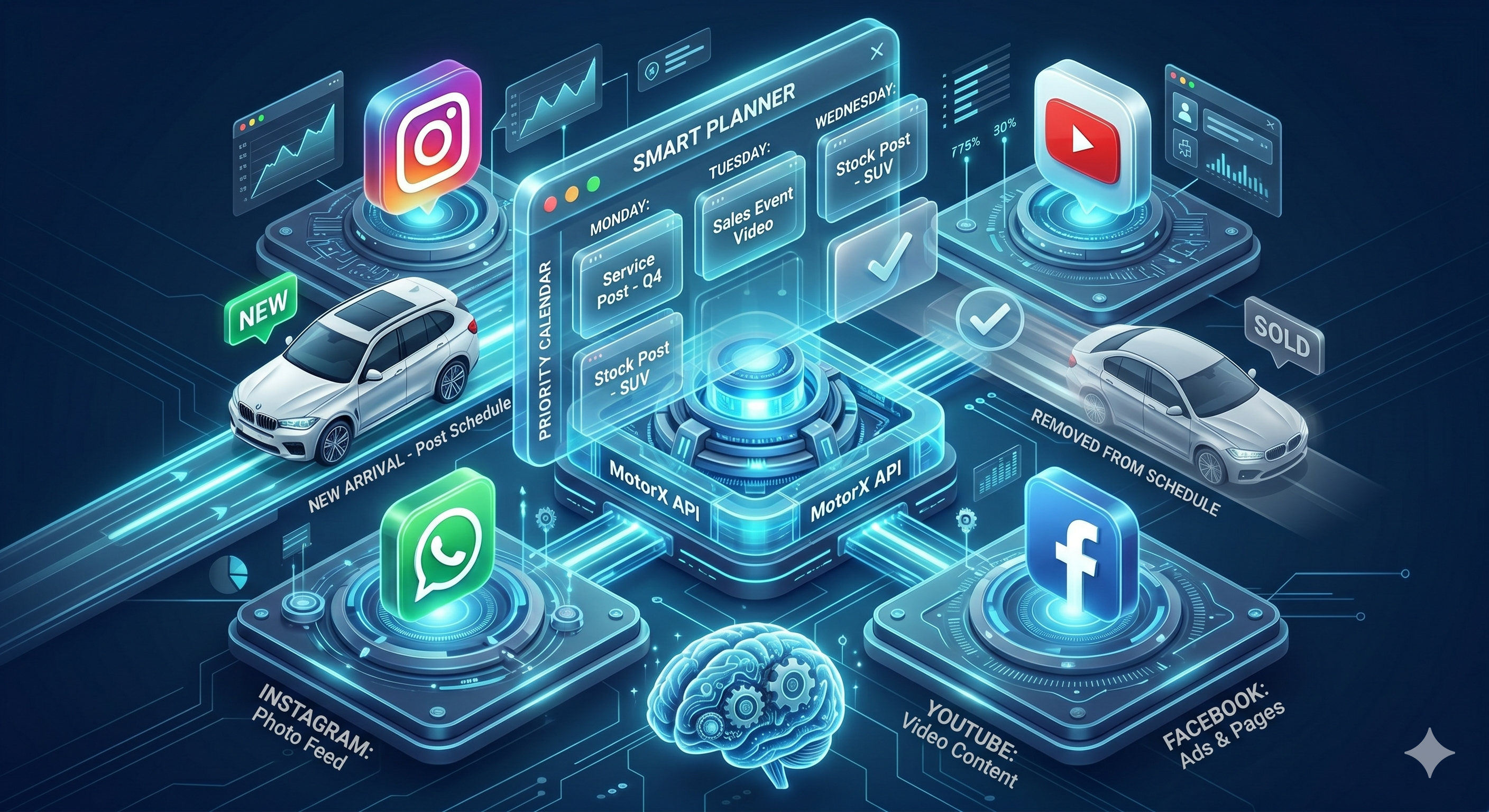 MotorX digital presence management dashboard showing unified social channels