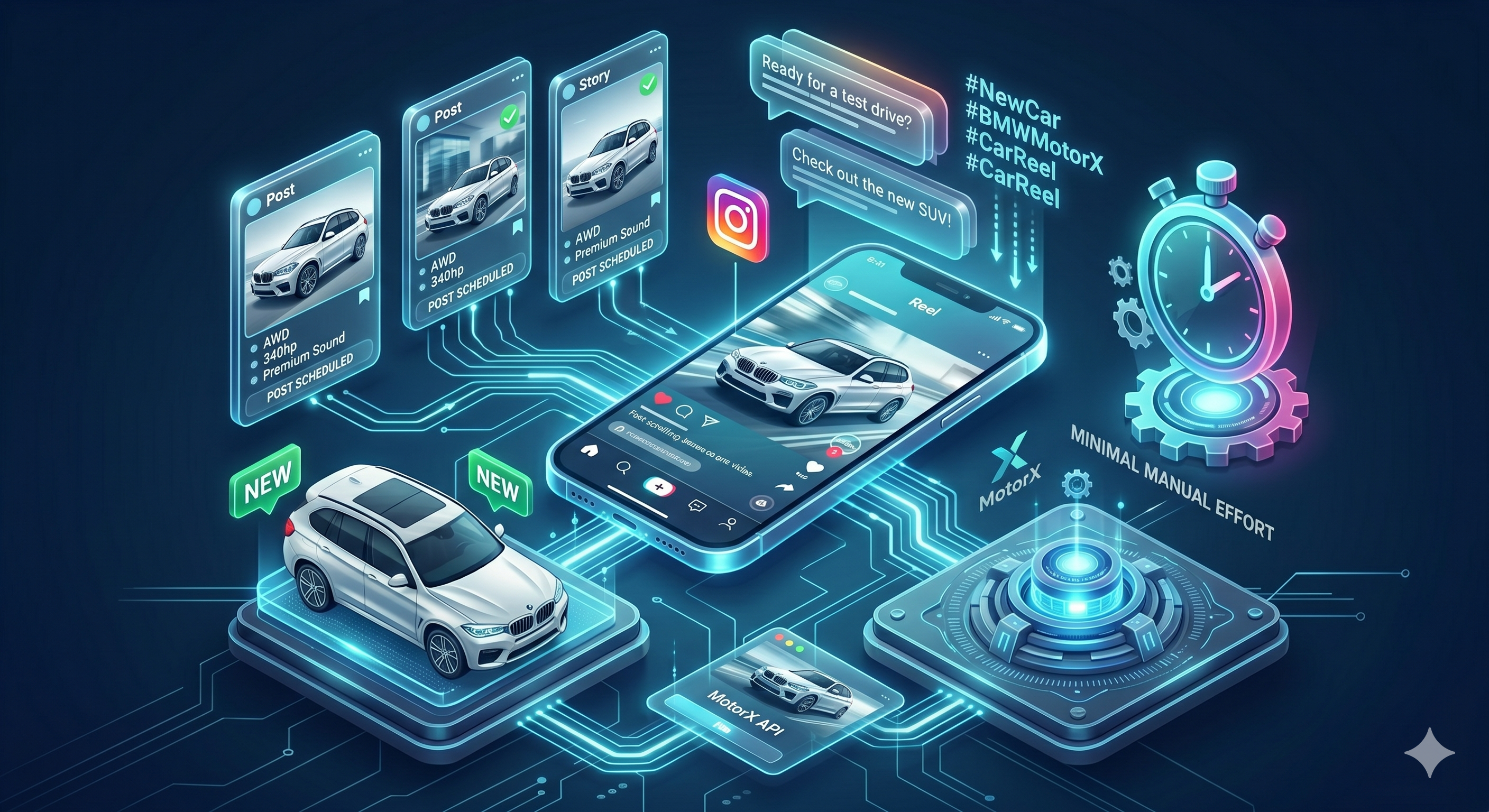 MotorX Instagram marketing automation showing vehicle posts and reels